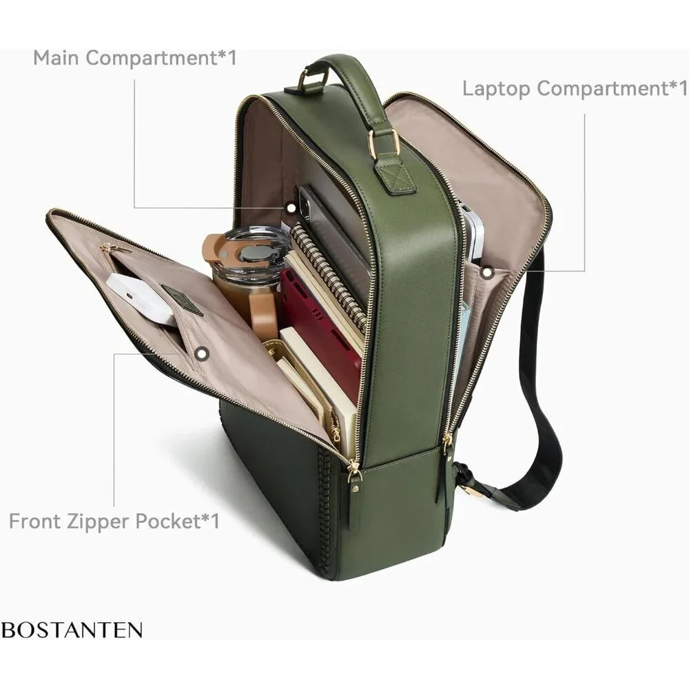 Men's Olive Green 15.6 inch Laptop Bag Travel Casual Computer Leather Backpack